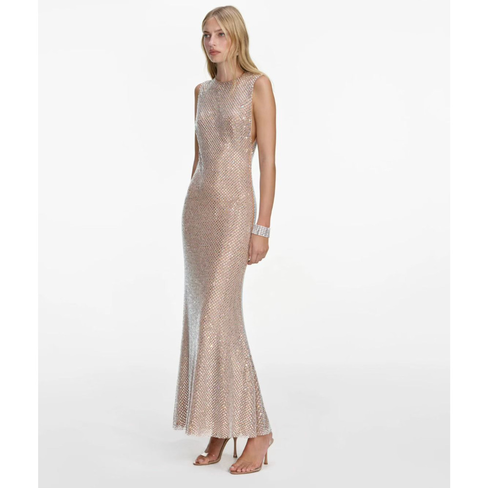 Self-Portrait Silver Rhinestone Mesh Midi Dress US 6 - Picture 3 of 11